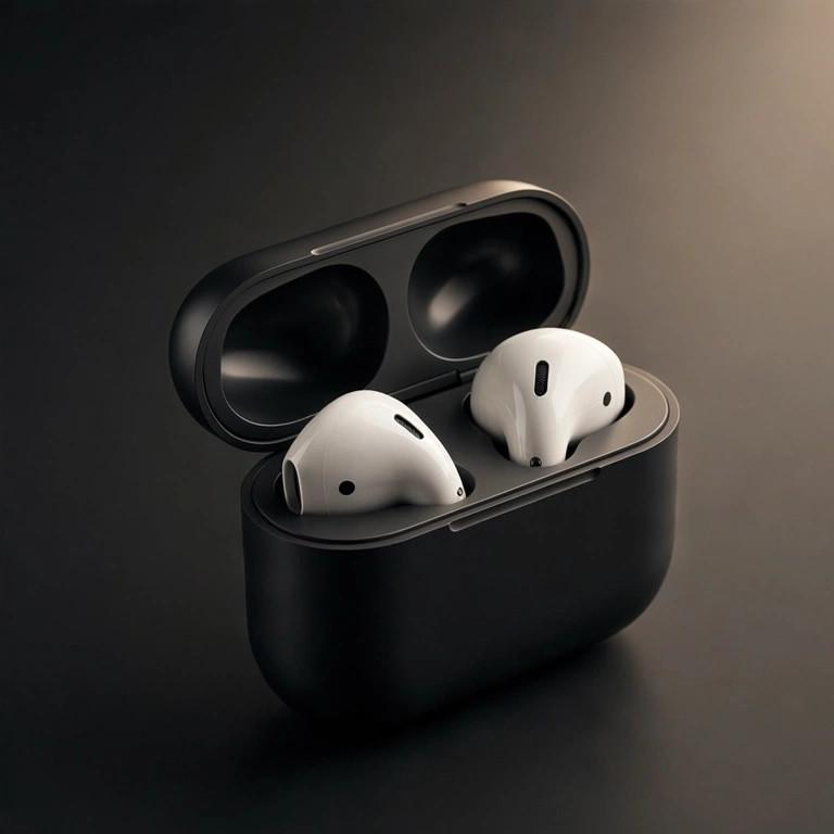 Wireless earbuds in a dark product studio