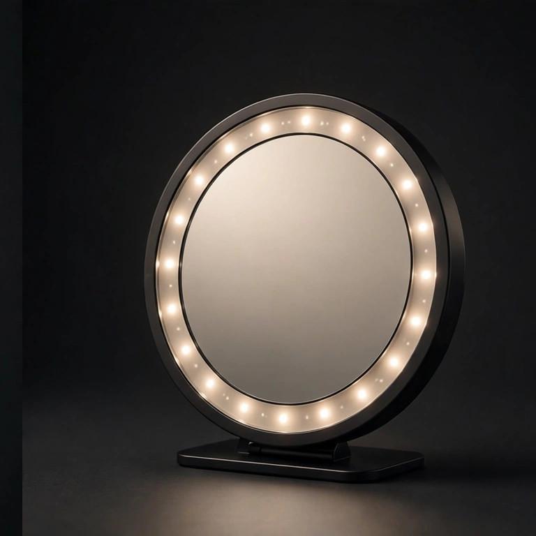 Round LED makeup mirror in a calm interior setting