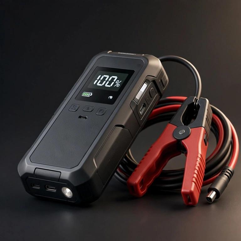 Portable car jump starter in a dramatic dark studio